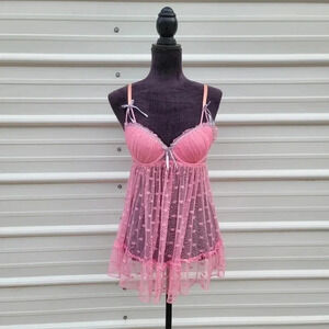 Velvet Kitten Women's Pink Trend Polka Dot Babydoll Sleep Dress Push Up sz M